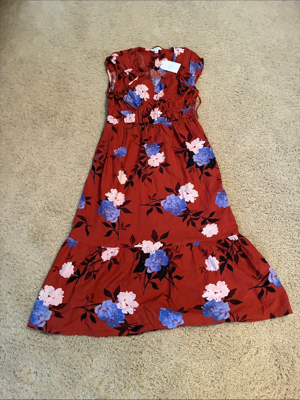 Time and Tru Rust-Colored Floral Maxi Dress with Blue & Pink Flowers
